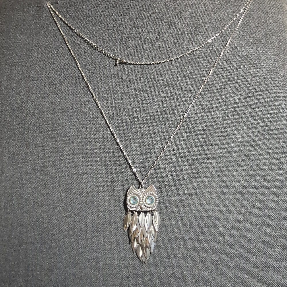 Owl Pendant Long Necklace | Silver Tone  34” Chain  Costume Jewelry